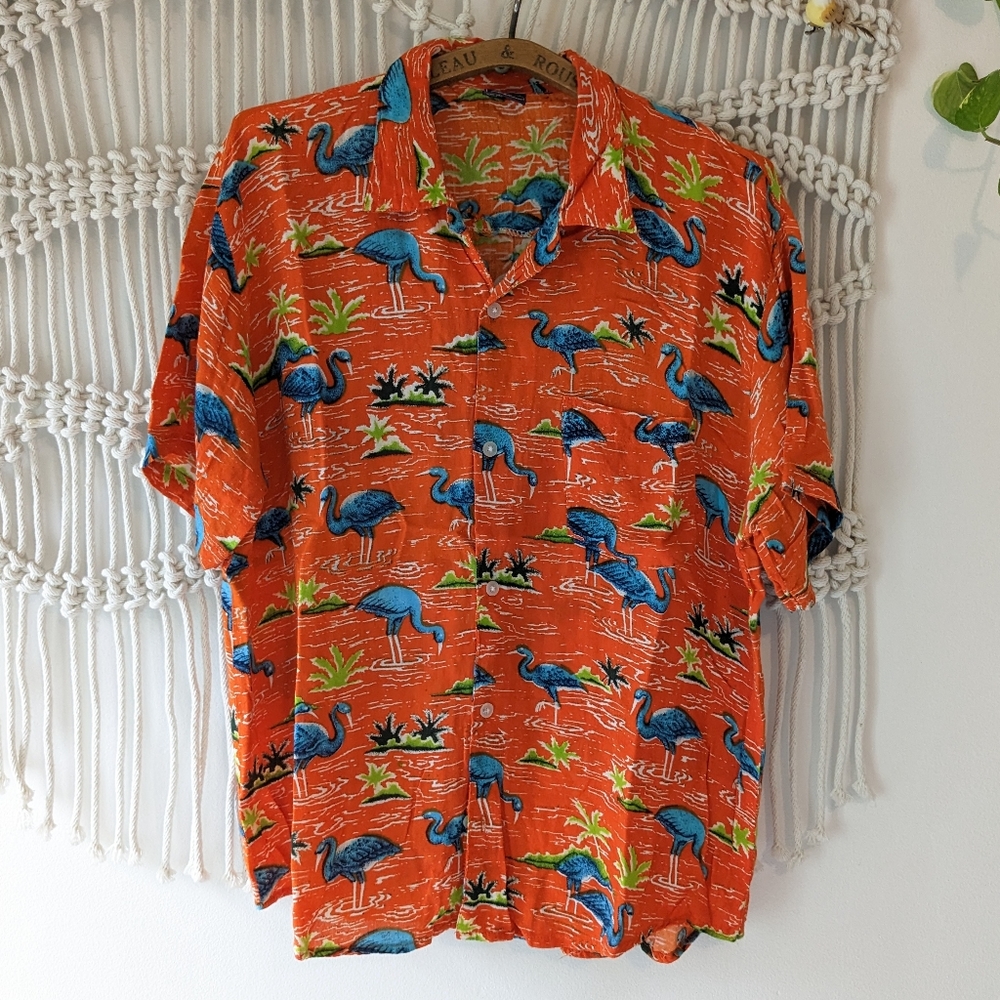 Vintage Hawaiian Shirt Short-sleeve Orange with Blue Flamingos